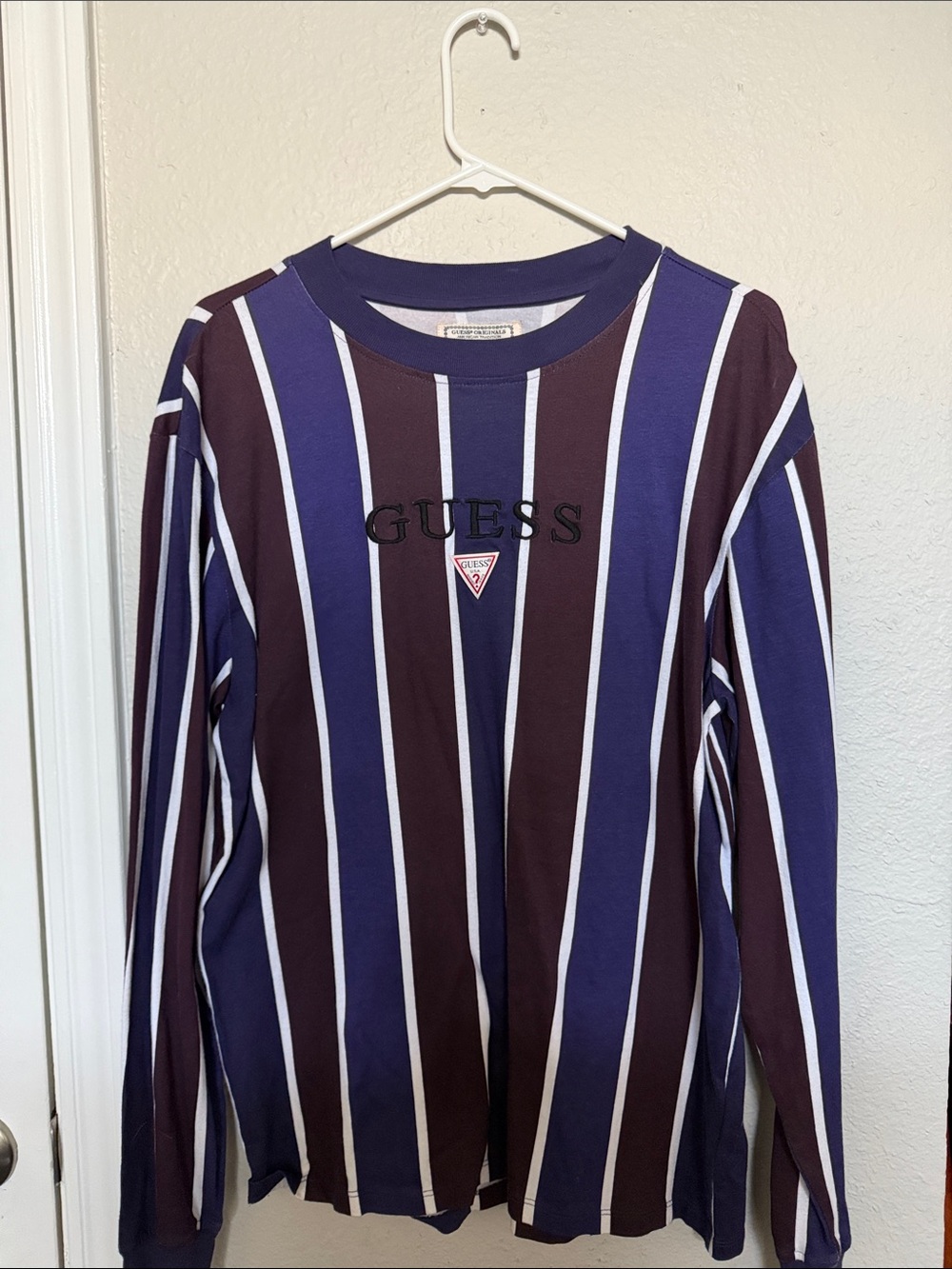 GUESS Long Sleeve Vertical Stripe Tee - Purple, Brown & White